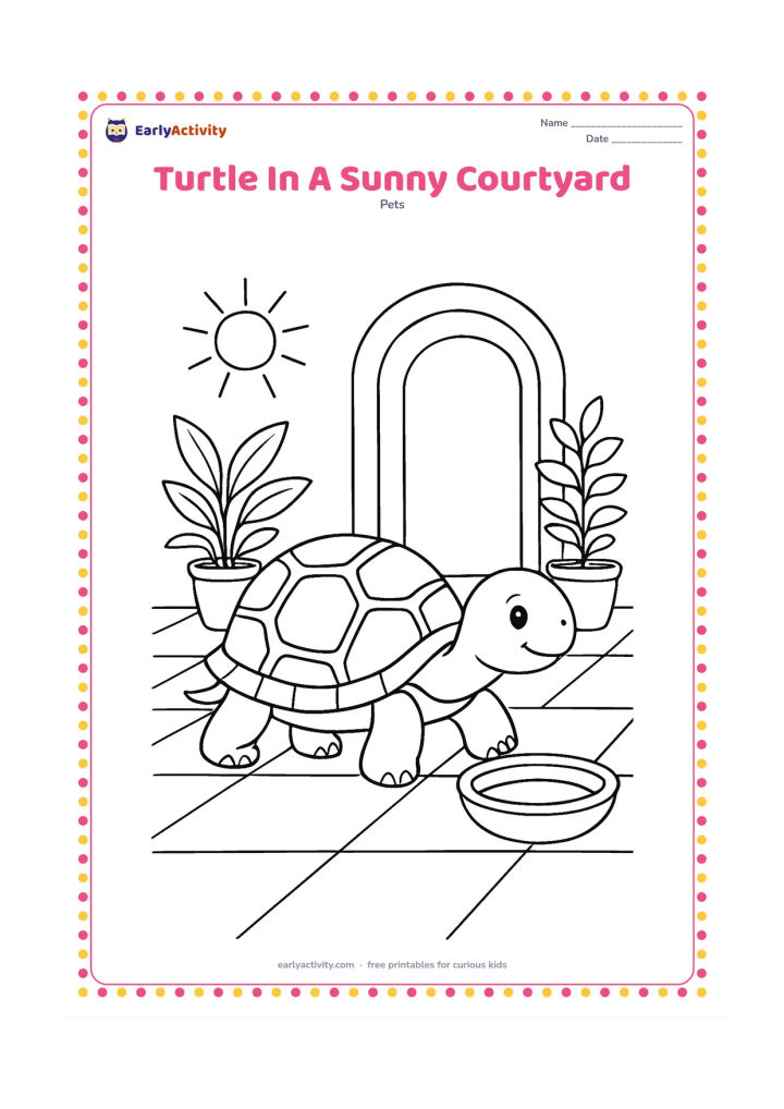 Colouring page: A pet turtle crosses a sunny Indian-style courtyard with broad floor tiles, a clay water bowl and leafy potted plants. Add a simple doorway in the background without any sign or lettering.