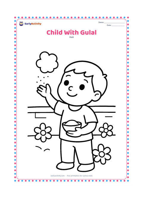 Colouring page: A smiling young child holds a small bowl of gulal and gently sprinkles powder into the air. Place the child in an open courtyard with a few large flower shapes and a low wall.