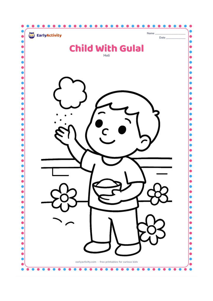 Colouring page: A smiling young child holds a small bowl of gulal and gently sprinkles powder into the air. Place the child in an open courtyard with a few large flower shapes and a low wall.
