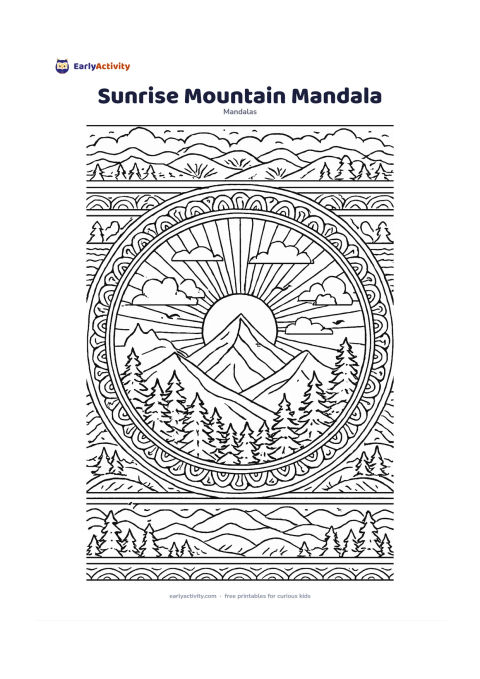 Colouring page: Place a rising sun behind layered mountains at the centre of a circular mandala, surrounded by pine trees, clouds, birds, rays, and repeating landscape borders. Balance the mountain…