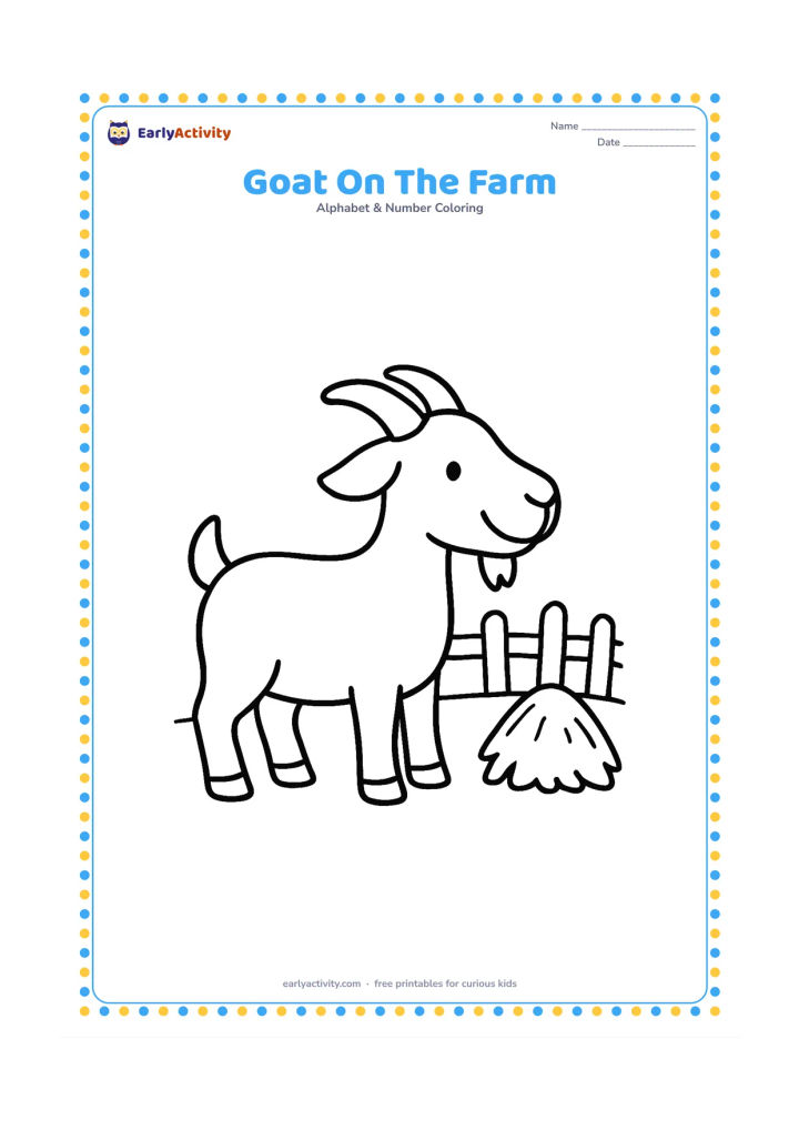 Colouring page: A cheerful goat stands in a small farmyard beside a simple fence and one hay bundle. Show the goat in a clear side view with plenty of blank space.