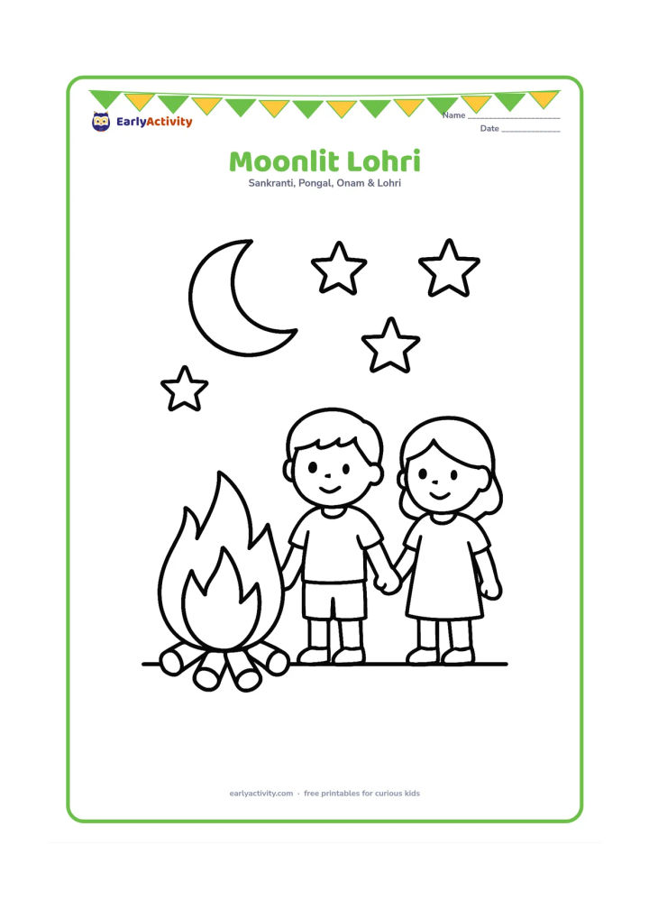 Colouring page: Draw a large bonfire below a crescent moon and several big stars, with two simple children standing nearby and holding hands. Add a few logs and a straight ground line.