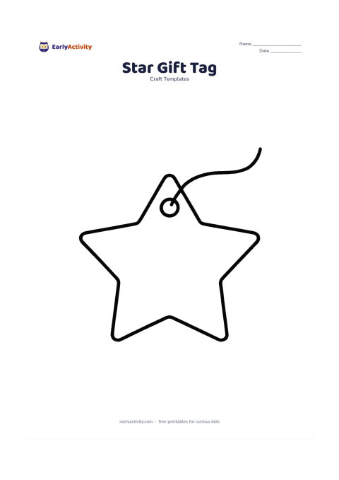 Worksheet: Draw a large star-shaped gift tag with a small circular hole near one point and a blank central area. Add a short plain string curving away from the hole, without any writing or labels.