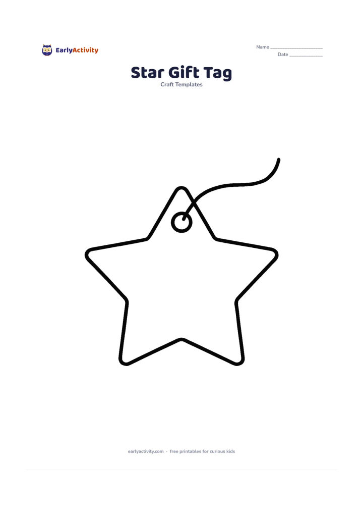 Worksheet: Draw a large star-shaped gift tag with a small circular hole near one point and a blank central area. Add a short plain string curving away from the hole, without any writing or labels.
