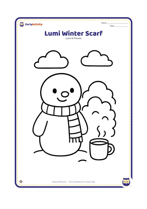 Colouring page: Lumi wears a long cosy scarf and stands beside a large snow-covered bush, with two soft snow clouds and a simple cup of warm milk nearby. Keep the winter setting friendly and uncluttered.