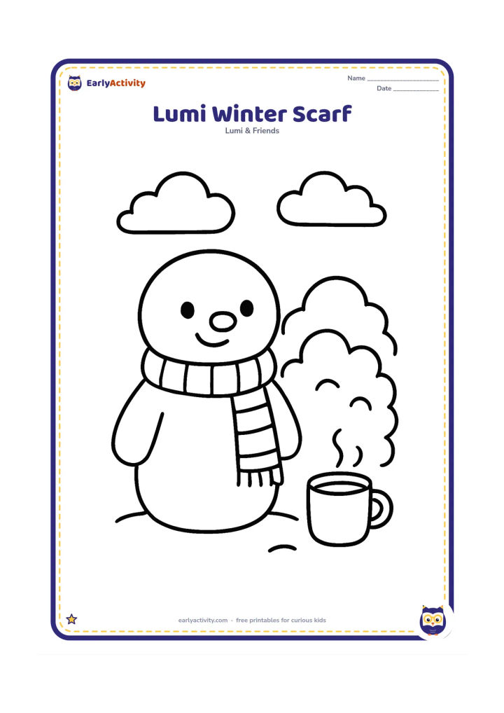 Colouring page: Lumi wears a long cosy scarf and stands beside a large snow-covered bush, with two soft snow clouds and a simple cup of warm milk nearby. Keep the winter setting friendly and uncluttered.