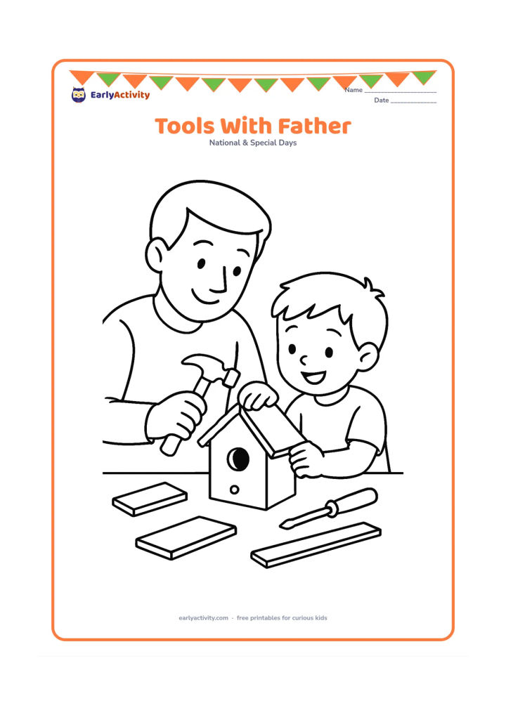 Colouring page: A father and child safely build a small wooden birdhouse at a workbench, with a hammer, screwdriver, ruler without markings and a few wood pieces nearby.