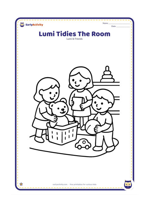 Colouring page: Lumi places a large toy into a storage basket while two young classmates put a book and a ball away. Show a clear rug, low shelf and a few widely spaced toys.
