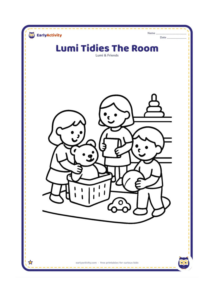 Colouring page: Lumi places a large toy into a storage basket while two young classmates put a book and a ball away. Show a clear rug, low shelf and a few widely spaced toys.