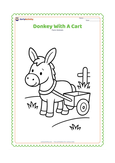 Colouring page: A friendly donkey stands harnessed to a small empty two-wheeled farm cart on a level path. Include a simple fence post and a few large grass tufts behind the cart.
