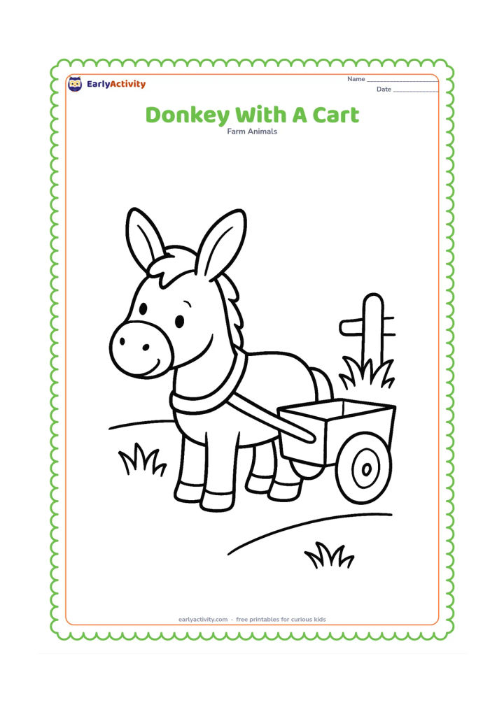 Colouring page: A friendly donkey stands harnessed to a small empty two-wheeled farm cart on a level path. Include a simple fence post and a few large grass tufts behind the cart.