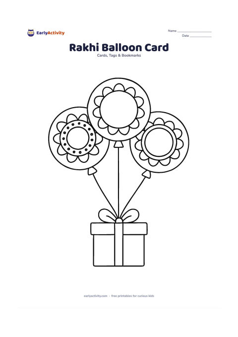 Worksheet: Draw three large round balloons decorated like colourful rakhi medallions, with thick strings joining a simple gift shape at the bottom. Leave a wide blank area beside the balloons.