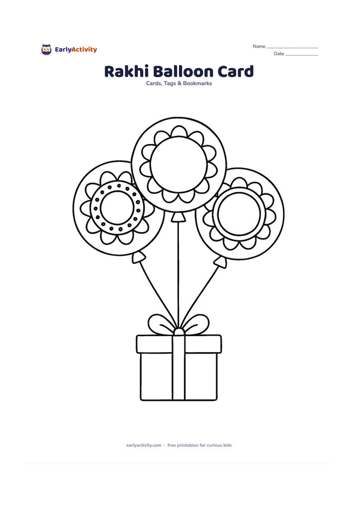 Worksheet: Draw three large round balloons decorated like colourful rakhi medallions, with thick strings joining a simple gift shape at the bottom. Leave a wide blank area beside the balloons.