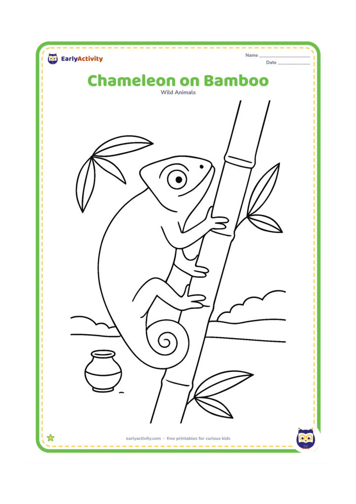 Colouring page: Draw a chameleon climbing upward along a thick bamboo stalk, with its feet gripping the stalk and its curled tail wrapped around it. Add a few bamboo leaves, a distant Indian field…