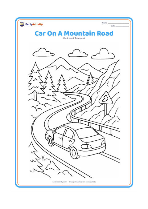 Colouring page: Draw a car climbing a winding mountain road, seen from above and slightly behind, with guardrails, rocky slopes, pine trees, distant peaks and a small pictorial arrow sign with no…