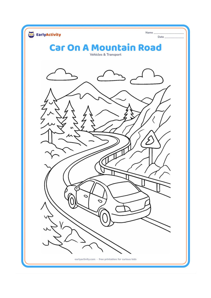 Colouring page: Draw a car climbing a winding mountain road, seen from above and slightly behind, with guardrails, rocky slopes, pine trees, distant peaks and a small pictorial arrow sign with no…