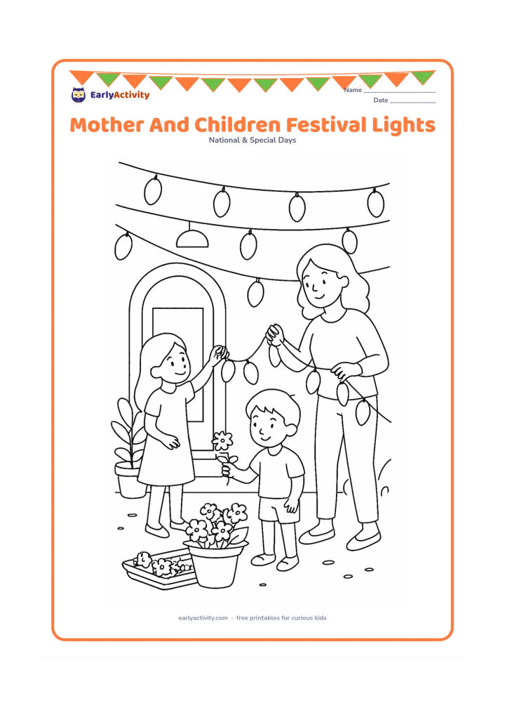 Colouring page: A mother and two children decorate a home courtyard with strings of unlit, plain lamps and flowers as a thoughtful family moment. Include a doorway, potted plants and a tray of…