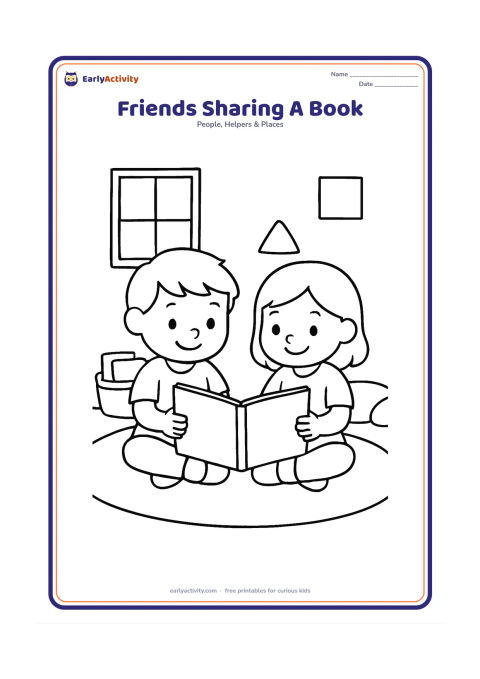 Colouring page: Two children sit cross-legged on a classroom rug, smiling as they hold an open blank picture book together. Add a low book basket, cushions, a window and a few simple wall shapes.