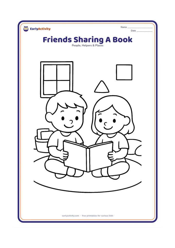 Colouring page: Two children sit cross-legged on a classroom rug, smiling as they hold an open blank picture book together. Add a low book basket, cushions, a window and a few simple wall shapes.