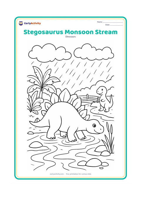 Colouring page: Draw a stegosaurus wading through a shallow monsoon stream with rain clouds, layered puddles, banana plants, reeds, smooth stones, and a simple footbridge. Add a friendly small dinosaur…