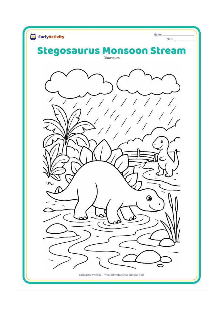 Colouring page: Draw a stegosaurus wading through a shallow monsoon stream with rain clouds, layered puddles, banana plants, reeds, smooth stones, and a simple footbridge. Add a friendly small dinosaur…