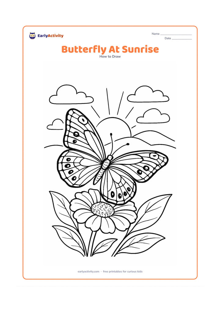 Worksheet: Show a detailed butterfly opening its wings on a flower as the sun rises behind distant hills. Include layered petals, leaf veins, soft cloud outlines and many balanced wing markings.