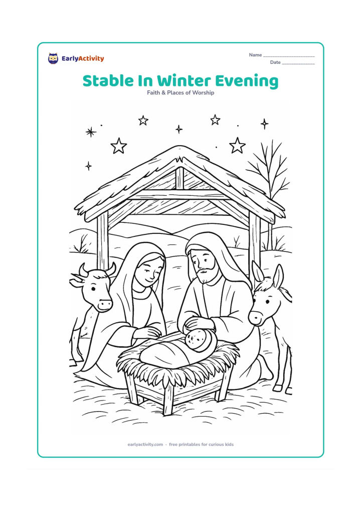 Colouring page: Show a peaceful nativity scene during a cool winter evening, with Mary and Joseph wearing simple shawls beside the manger. Add a wooden stable, straw, an ox, a donkey, bare branches,…