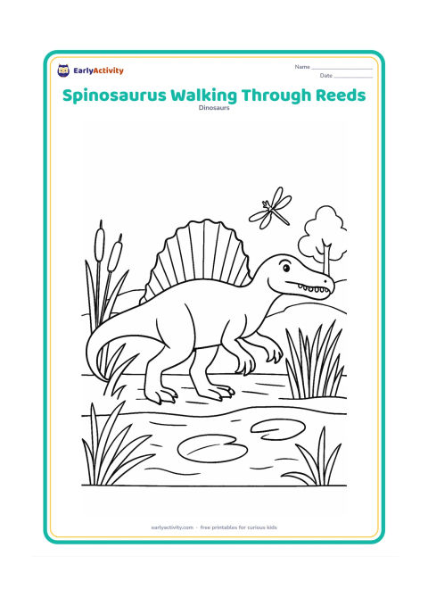 Colouring page: A side-view Spinosaurus walks through a wetland, with reeds partly behind its legs and along the water. Add a low bank, lily-like leaves, a dragonfly shape and distant trees.