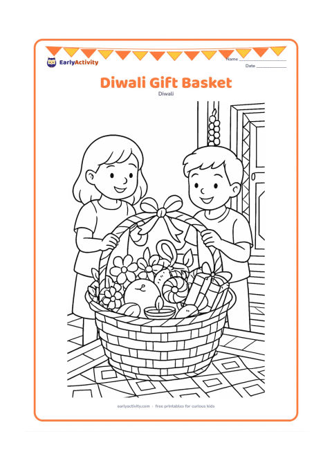 Colouring page: A detailed festive basket contains sweets, fruit, flowers, a small diya, and wrapped gifts while two children decorate its handle with ribbon. Place it on a patterned floor beside a…