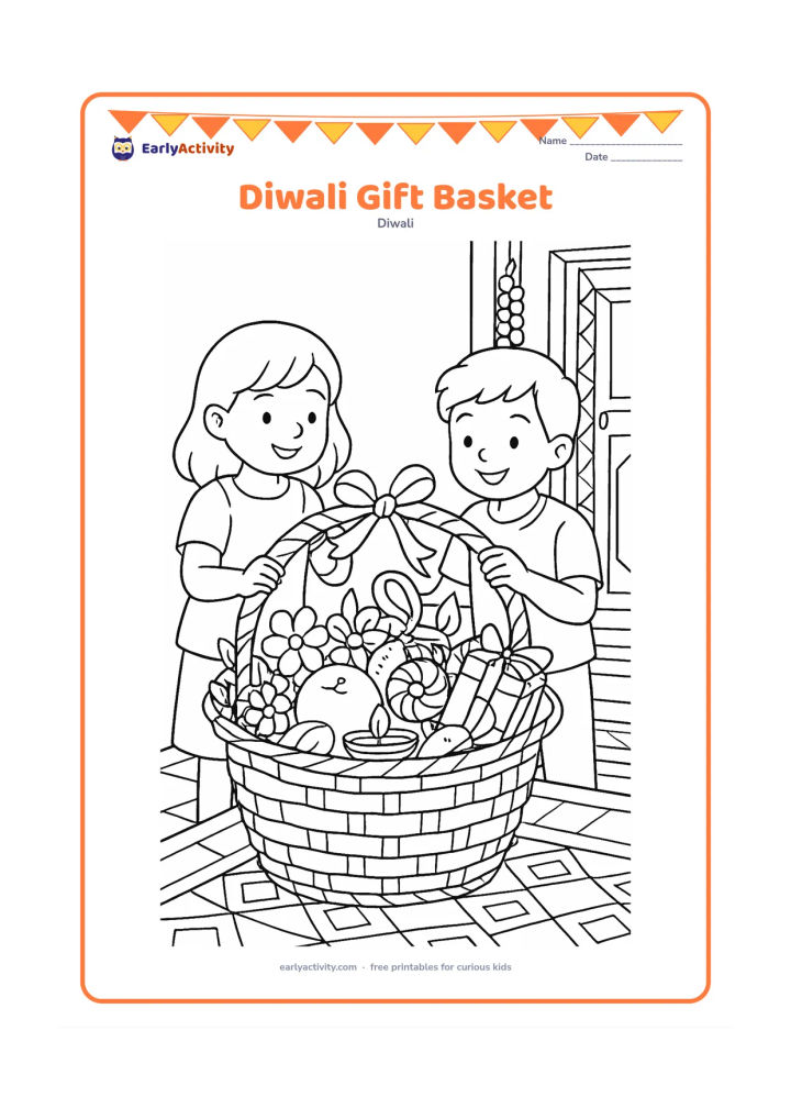 Colouring page: A detailed festive basket contains sweets, fruit, flowers, a small diya, and wrapped gifts while two children decorate its handle with ribbon. Place it on a patterned floor beside a…