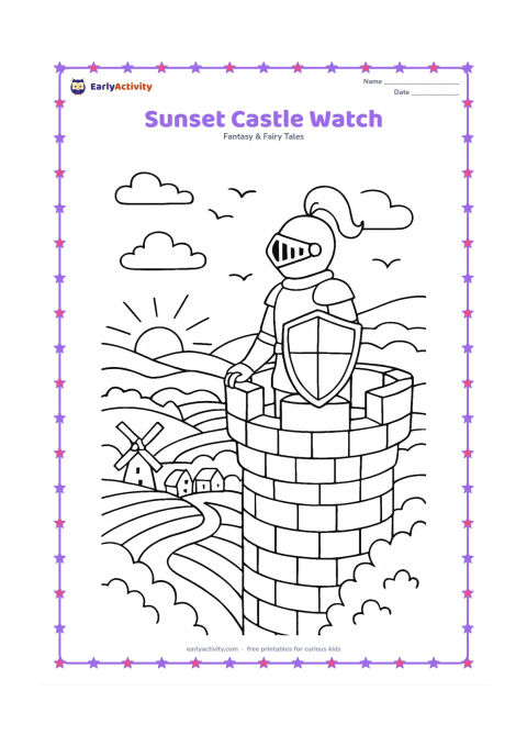 Colouring page: A knight keeps a peaceful evening watch from a castle tower, holding a shield while looking across fields toward a setting sun. Include layered hills, a village, windmill blades, a…