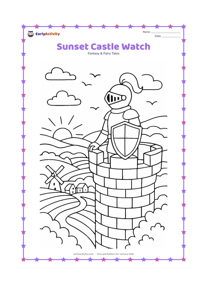 Colouring page: A knight keeps a peaceful evening watch from a castle tower, holding a shield while looking across fields toward a setting sun. Include layered hills, a village, windmill blades, a…