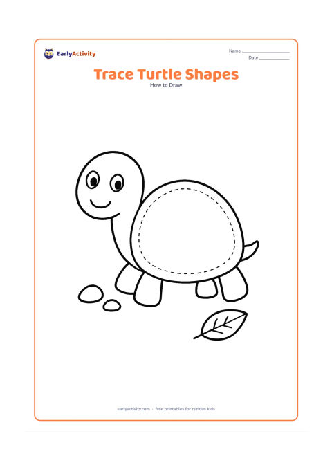 Worksheet: Show a large friendly turtle made from an oval shell, round head and four simple legs, with faint tracing paths around each shape. Place the turtle in the centre with two small pebbles…