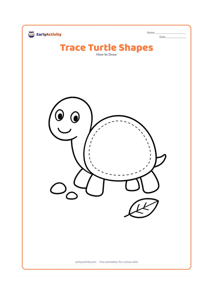 Worksheet: Show a large friendly turtle made from an oval shell, round head and four simple legs, with faint tracing paths around each shape. Place the turtle in the centre with two small pebbles…