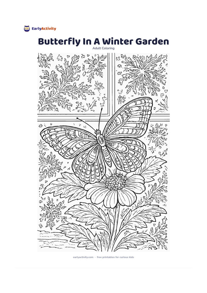 Colouring page: Draw a butterfly resting on a winter greenhouse flower, with frosted leaves, snow-dusted window edges, and delicate crystalline shapes in the background. Include open wings with fine…