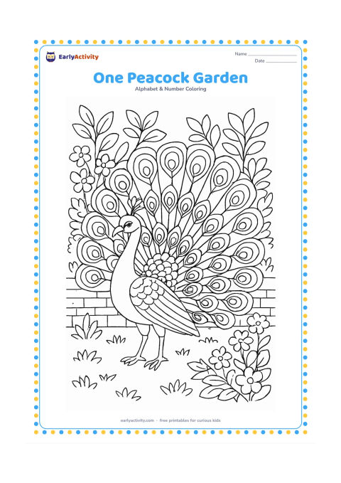 Colouring page: Draw one peacock standing with its tail partly open in a detailed Indian garden, beside a low stone wall and flowering shrubs. Include one bird only, with layered but clearly separated…
