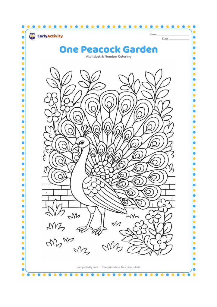 Colouring page: Draw one peacock standing with its tail partly open in a detailed Indian garden, beside a low stone wall and flowering shrubs. Include one bird only, with layered but clearly separated…