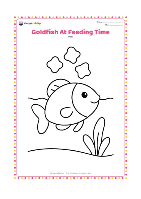 Colouring page: Draw a large goldfish swimming upward toward three oversized food flakes floating above it. Add a simple water line and one rounded plant in the background.