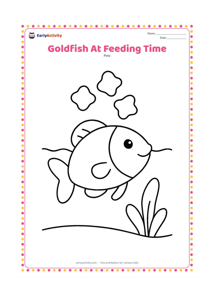 Colouring page: Draw a large goldfish swimming upward toward three oversized food flakes floating above it. Add a simple water line and one rounded plant in the background.