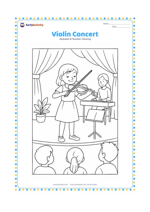 Colouring page: Draw a child performing on a violin on a small stage, with an accompanist seated at a keyboard in the background and three audience members watching. Add curtains, potted plants, and…