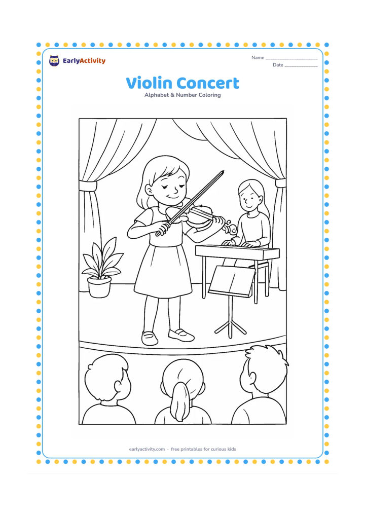 Colouring page: Draw a child performing on a violin on a small stage, with an accompanist seated at a keyboard in the background and three audience members watching. Add curtains, potted plants, and…