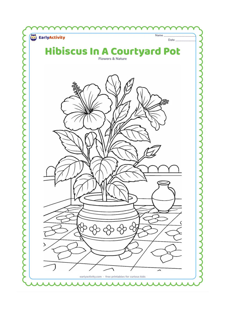 Colouring page: Draw a richly leafy hibiscus growing in a decorated clay pot in an Indian courtyard, with an open bloom, side-facing bloom, buds, patterned floor tiles, a low wall, and a water vessel.
