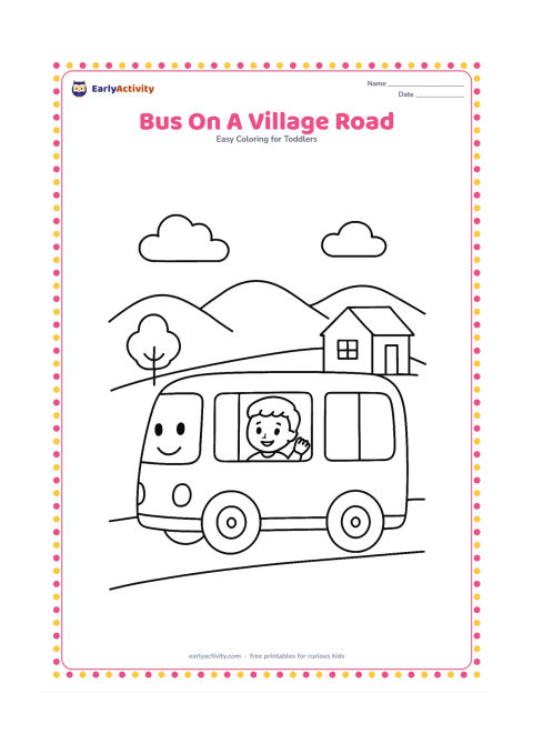 Colouring page: Draw a friendly bus moving along a village road, with a child waving from one window, a small tree, a low house and distant hills.