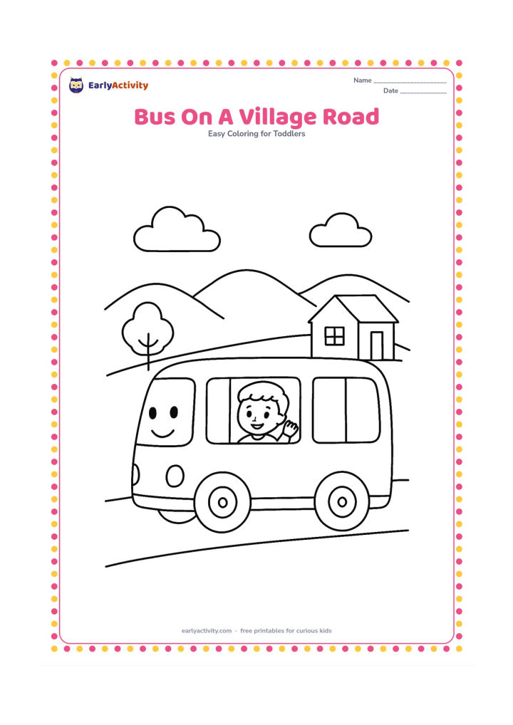 Colouring page: Draw a friendly bus moving along a village road, with a child waving from one window, a small tree, a low house and distant hills.
