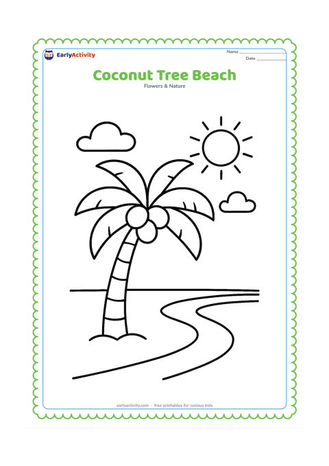 Colouring page: Draw one leaning coconut palm beside a simple beach, with three large coconuts, a curved shoreline, a sun, and two puffy clouds. Keep the scene uncluttered.