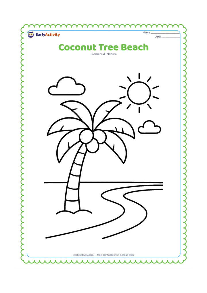 Colouring page: Draw one leaning coconut palm beside a simple beach, with three large coconuts, a curved shoreline, a sun, and two puffy clouds. Keep the scene uncluttered.