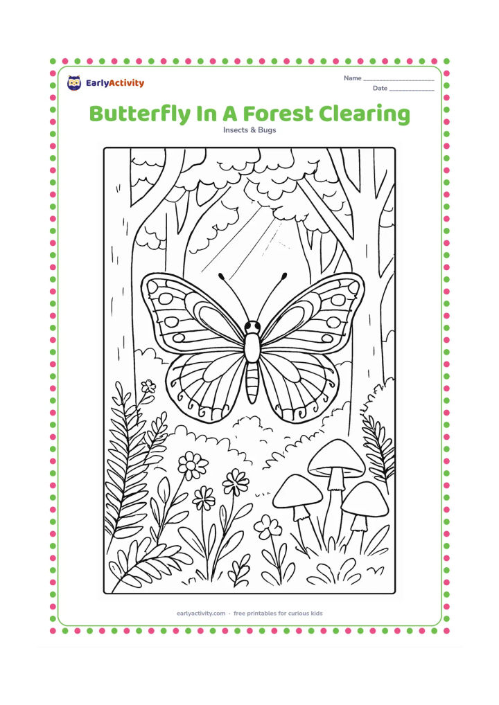 Colouring page: Draw a butterfly hovering in a forest clearing surrounded by tree trunks, ferns, mushrooms, wildflowers, and dappled rays of sunlight. Use a detailed front-facing wing pattern as the…