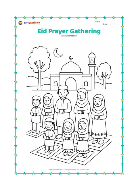 Colouring page: Several adults and children stand in neat rows on prayer mats in an open courtyard facing a simple mosque. Show varied modest festive clothing, a few trees, and a crescent moon in the sky.