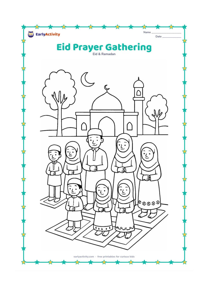 Colouring page: Several adults and children stand in neat rows on prayer mats in an open courtyard facing a simple mosque. Show varied modest festive clothing, a few trees, and a crescent moon in the sky.