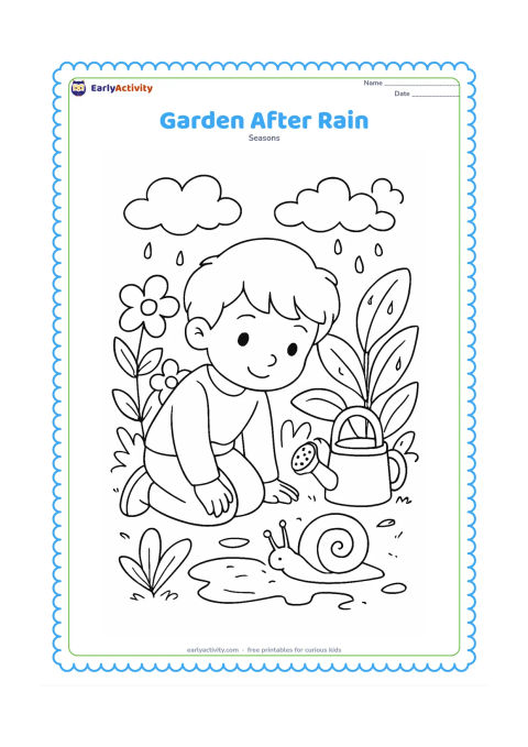 Colouring page: A child kneels in a garden after a shower, looking at a snail beside a shiny puddle. Include flowering plants, broad leaves, a watering can, clouds breaking apart and small drops on the…